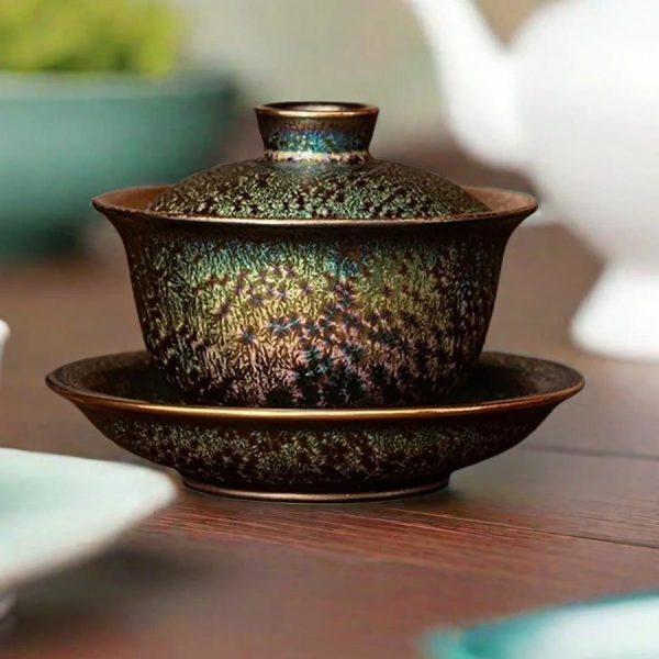 Chinese Antique Handmade Colorful Gilded Glaze Ceramic Jianzhan Gaiwan Set