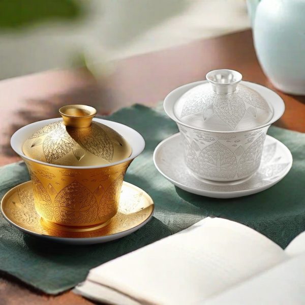 Chinese Antique Silver And Gold Gilded Flowers Ceramic Gaiwan Tea Set