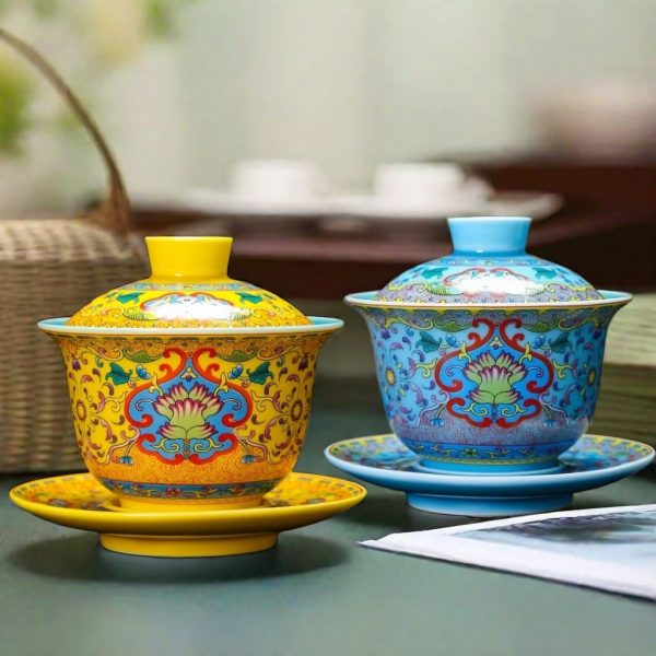 Chinese Blue And Yellow Royal Luxurious Enamel Painted Porcelain Gaiwan Tea Cup