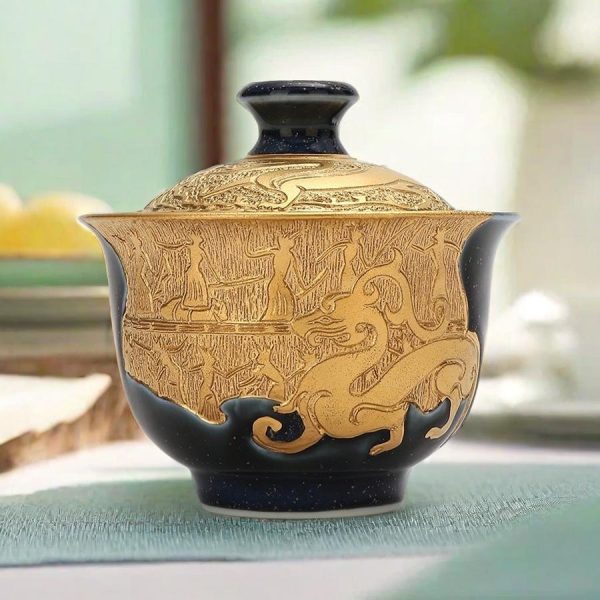 Chinese Hand Carved Gold Dragon Pattern Ceramic Gaiwan Tea Cup