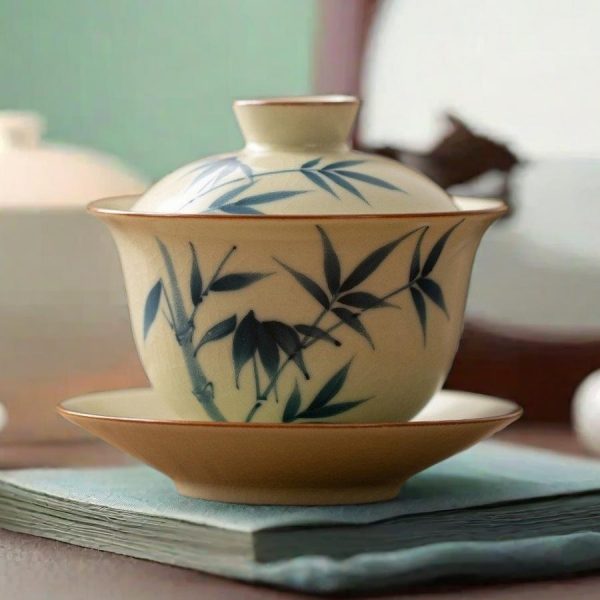 Chinese Hand Painted Bamboo Theme Ru Kiln Porcelain Gaiwan Set