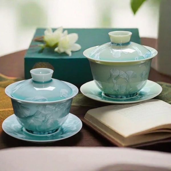 Chinese Handmade Blue And Green Crystalline Glaze Porcelain Gaiwan Set