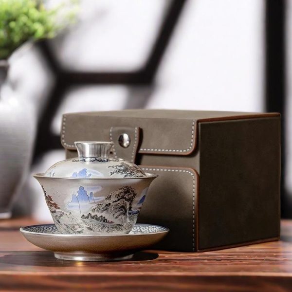 Chinese Landscape Theme Gilded Silver Porcelain Gaiwan Teacup
