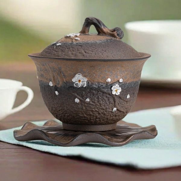 Gilded Gold Rust Glaze Plum Flower Rough Pottery Gaiwan Set