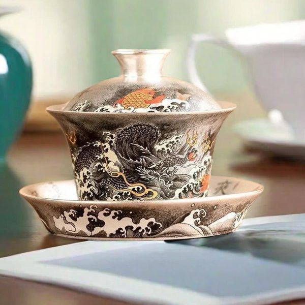 Gilded Silver Black Dragon With Gold Fish Theme Ceramic Gaiwan Tea Cup