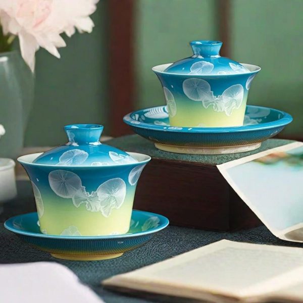 Gradient Crystalline Glaze Snowflake Theme Gaiwan Tea Cup Set