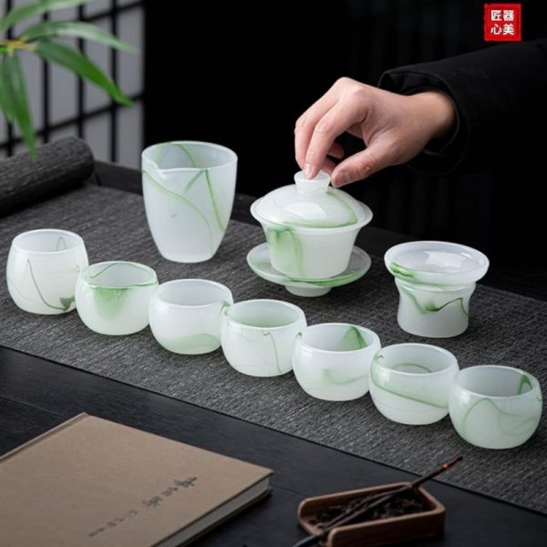 Green Antique Crystal Clear Coloured Glaze Gaiwan Tea Cup Set Of 10