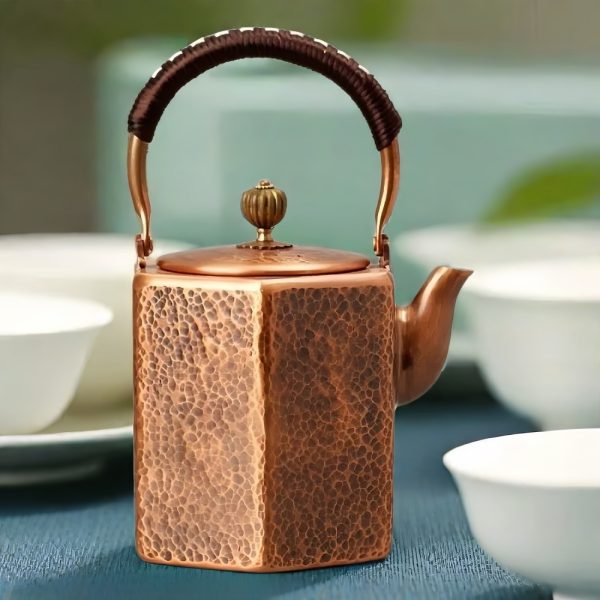 Hammered Rectangular Shaped Copper Teapot Vintage For Sale