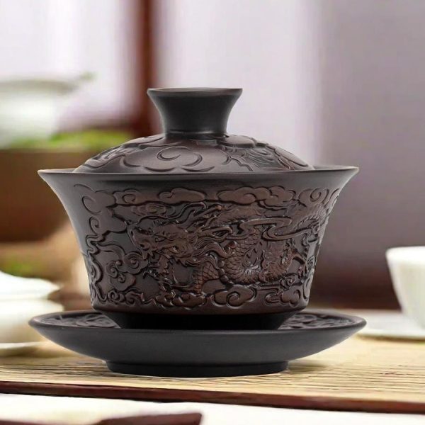 Hand Carved Dragon Phoenix And Lotus Yixing Purple Clay Gaiwan Tea Cups