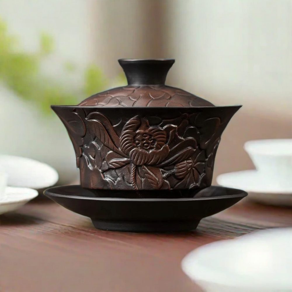 Hand Carved Dragon Phoenix And Lotus Yixing Purple Clay Gaiwan Tea Cups - C