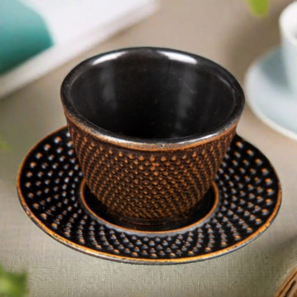 Vintage Black And Gold Particle Cast Iron Tea Cups With Saucers