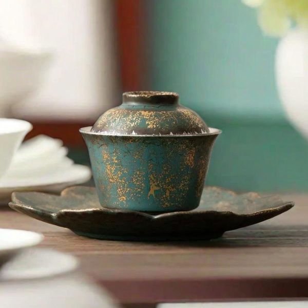 Vintage Celadon Glaze Silver And Gold Gilded Ceramic Gaiwan Cup Set