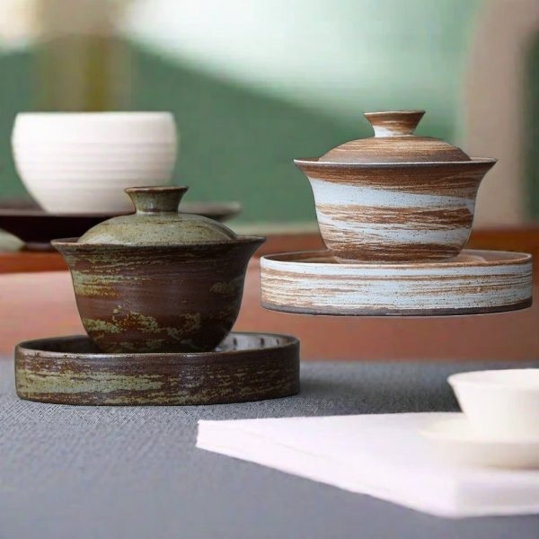 Vintage Green And White Handmade Rough Pottery Gaiwan Tea Cups