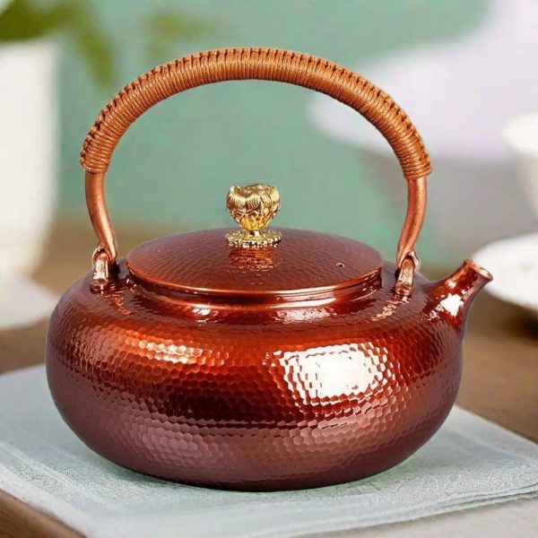 Vintage Handcrafted Flat Copper Tea Water Kettle For Sale
