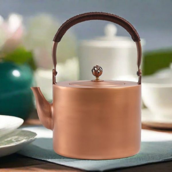 Antique Handmade Copper Tea Kettle With Wooden Handle