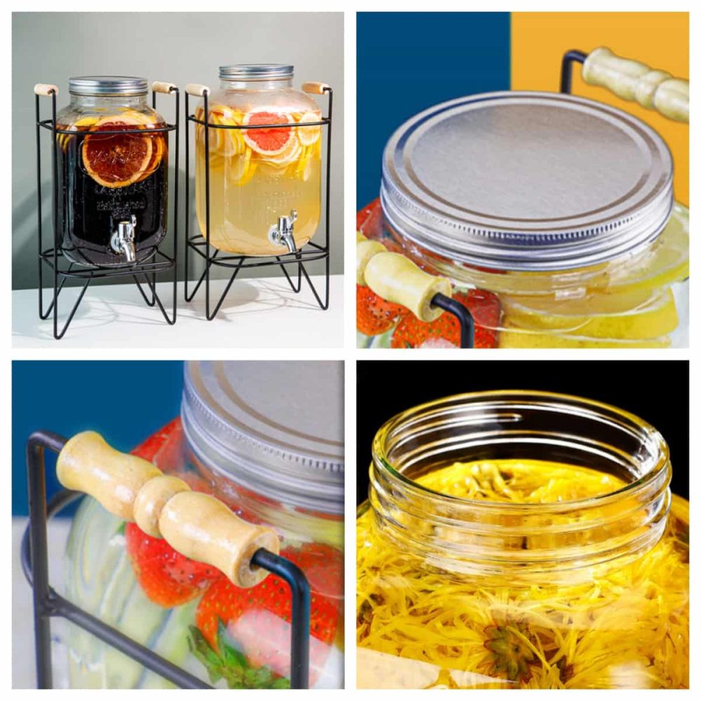 1 And 2.2 Gallon Vintage Glass Sun Tea Jar Container With Metal And Wood Stand