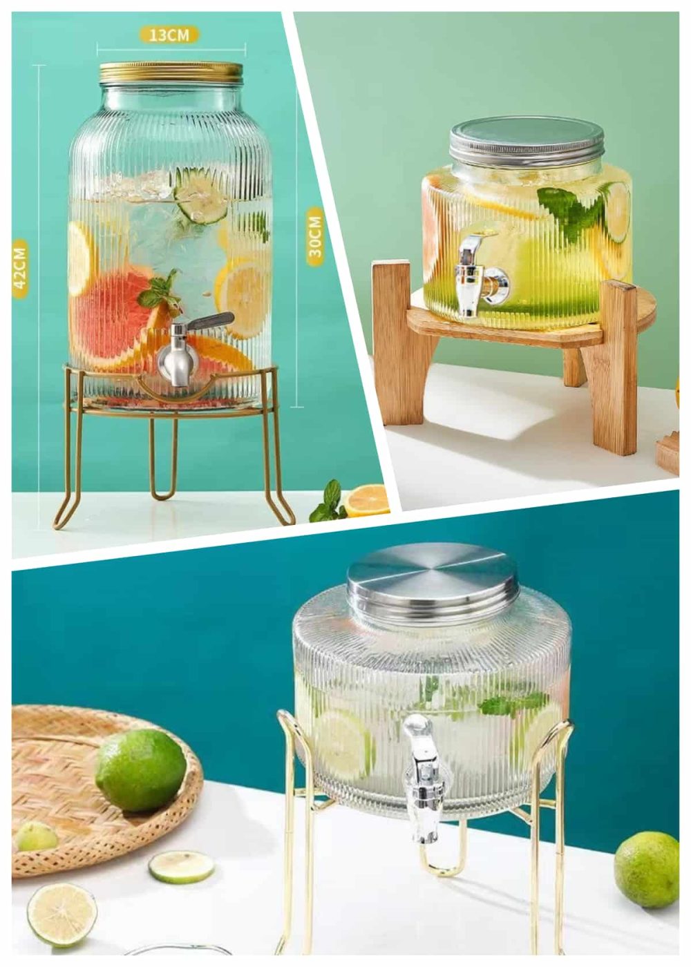 0.8 And 1.6 Gallon Vintage Vertical Stripes Glass Sun Tea Jar With Metal And Wooden Stand