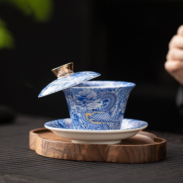 Antique Chinese Hand Painted Dragon Pattern White Jade Porcelain Gaiwan Set