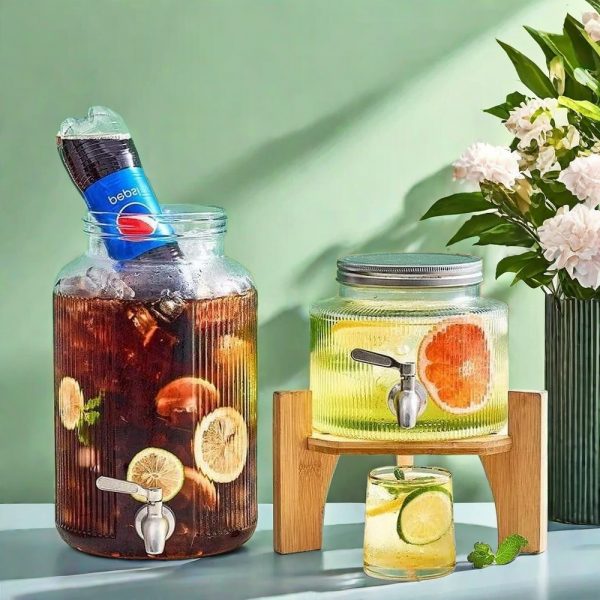 0.8 And 1.6 Gallon Vintage Vertical Stripes Glass Sun Tea Jar With Metal And Wooden Stand