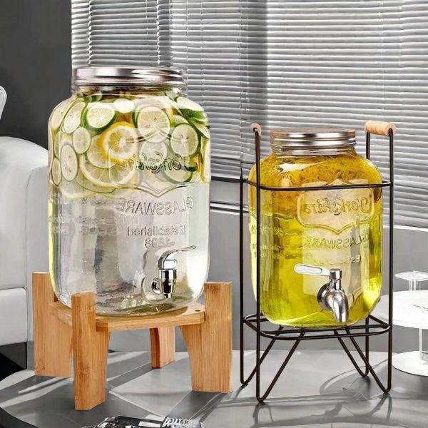 1 And 2.2 Gallon Vintage Glass Sun Tea Jar Container With Metal And Wood Stand