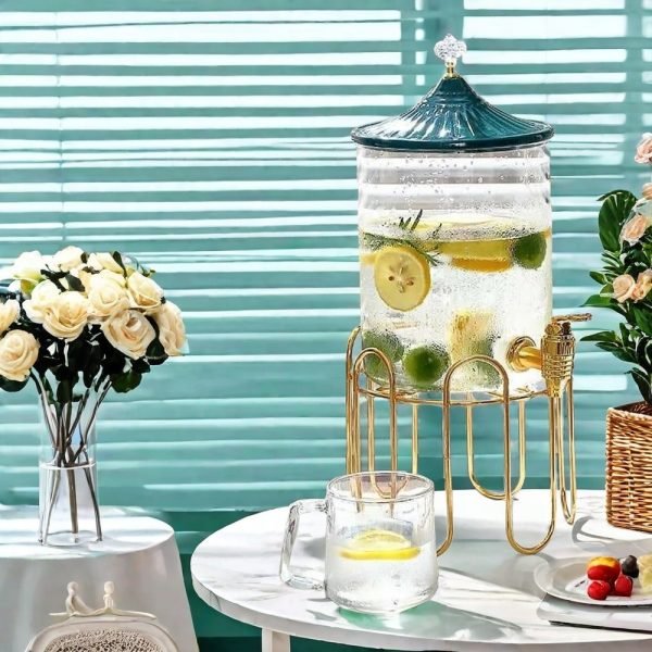 1 Gallon Vintage Green And White Lid Glass Sun Tea Jug With Metal Stand And Pvc Spigot