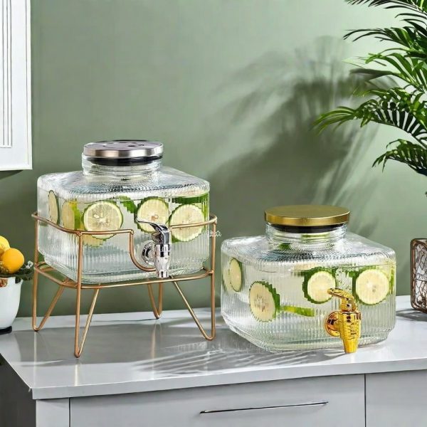 0.8 Gallon Crystal Clear Glass Sun Tea Jar Jug With Metal And Wooden Stand