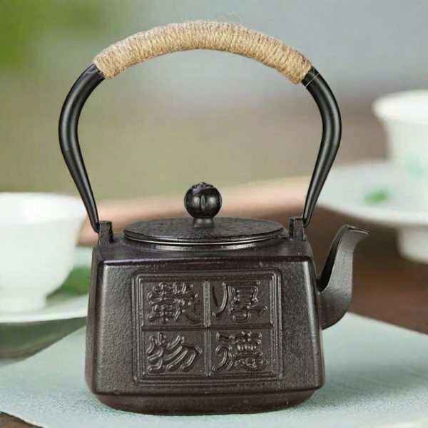 Antique Black Hand Carved Characters Traditional Japanese Cast Iron Teapot