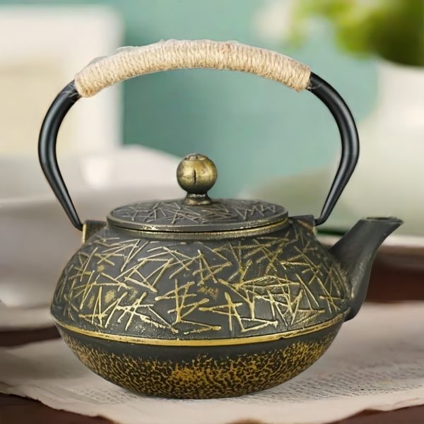 Antique Black And Gold Enamel Japanese Tetsubin Teapot Cast Iron Kettle