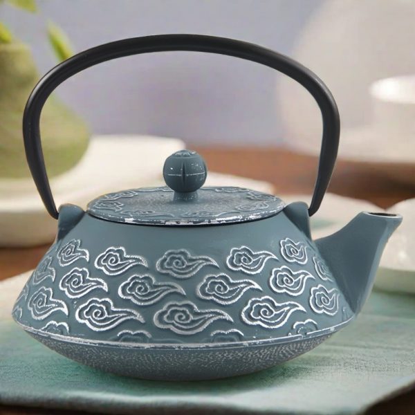 Antique Blue Auspicious Clouds Cast Iron Japanese Tetsubin Enamel Teapot With Infuser
