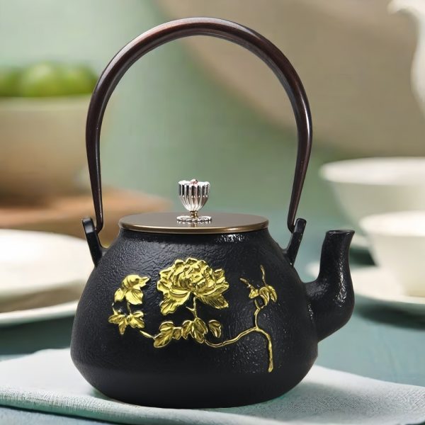 Antique Gilded Flower With Butterfly Cast Iron Tea Kettle Japanese