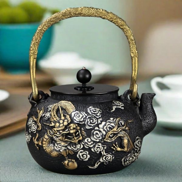 Antique Gold Dragon With Silver Cloud Japanese Tetsubin Cast Iron Tea Kettle