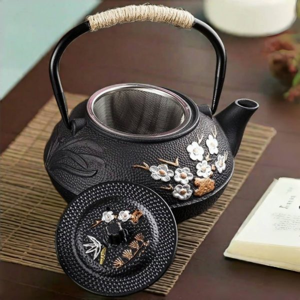 Antique Handmade Plum Bamboo Pattern Black Cast Iron Japanese Tetsubin Teapot