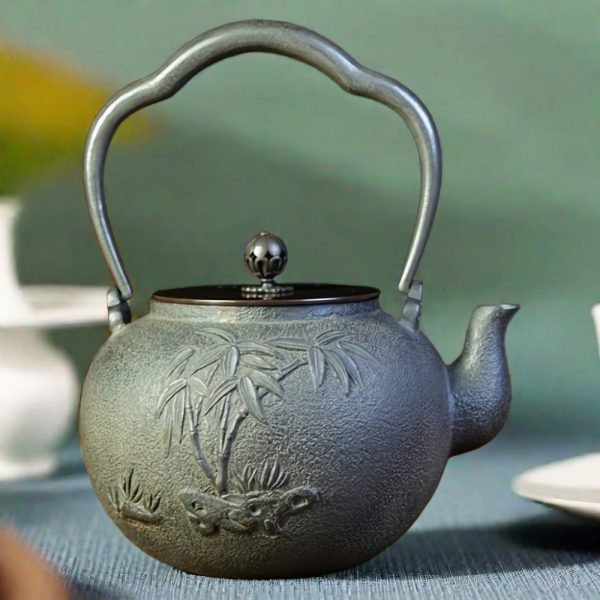 Antique Handmade Plum And Bamboo Pattern Cast Iron Japanese Tea Kettle