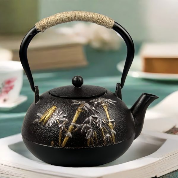 Antique Old Bamboo Pattern Cast Iron Japanese Tetsubin Tea Kettle With Infuser