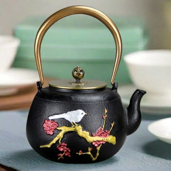 Antique Plum With Bird Theme Cast Iron Japanese Tetsubin Enamel Tea Kettle