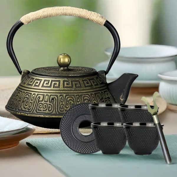 27 Fl Oz Golden Handcrafted Vintage Rich Pattern Cast Iron Enamel Tea Pot Set