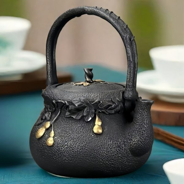 Authentic Handmade Golden Gourd Theme Japanese Tetsubin Cast Iron Tea Kettle