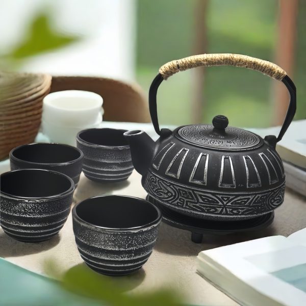 27 Fl Oz Black Antique Pattern Old Cast Iron Tea Kettle And Cups Set For Sale