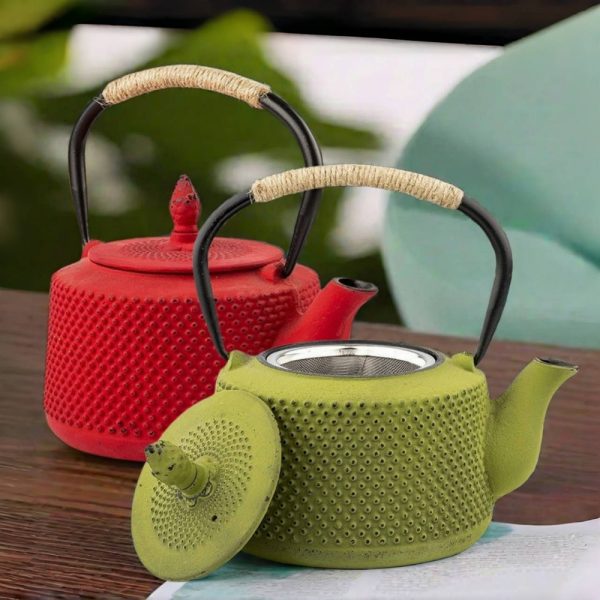 Green And Red Enamel Vintage Japanese Tetsubin Cast Iron Teapot