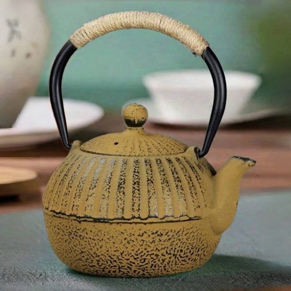 Japanese Yellow Enamel Tetsubin Cast Iron Tea Kettle With Infuser