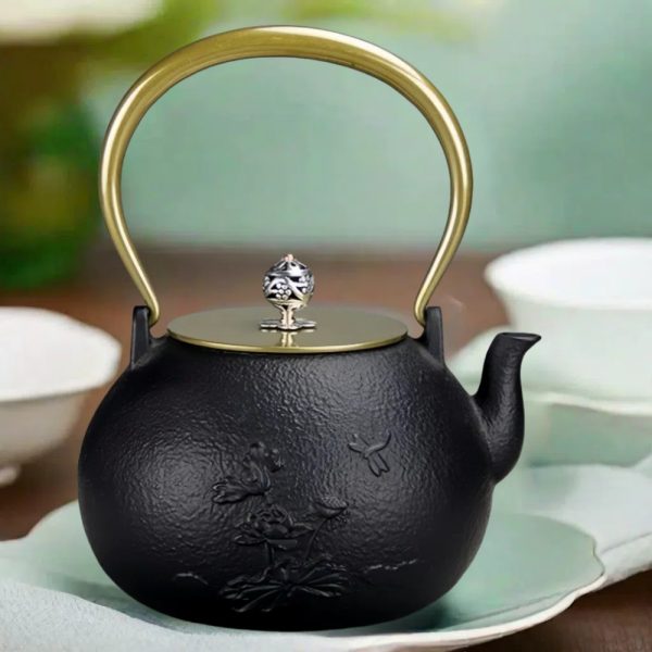 Traditional Antique Lotus With Dragonfly Cast Iron Japanese Tea Kettle