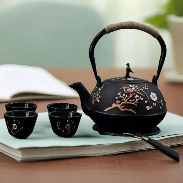 40.6 Fl Oz Large Magpie With Plum Pattern Antique Cast Iron Teapot Set For Sale