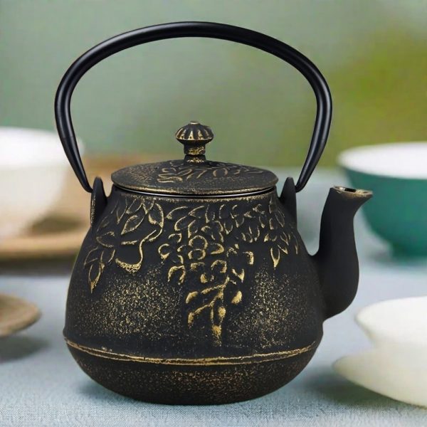 Vintage Black And Gold Grape Leaf Japanese Tea Kettle Cast Iron Teapot
