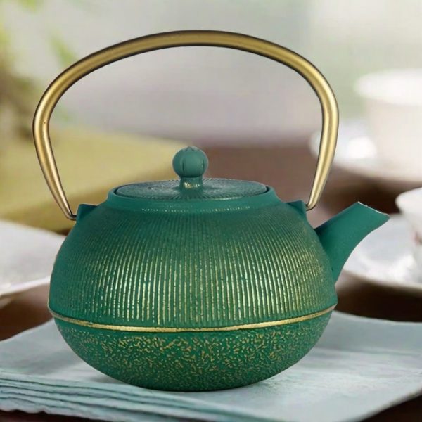 Vintage Green And Gold Cast Iron Japanese Tetsubin Enamel Teapot With Infuser