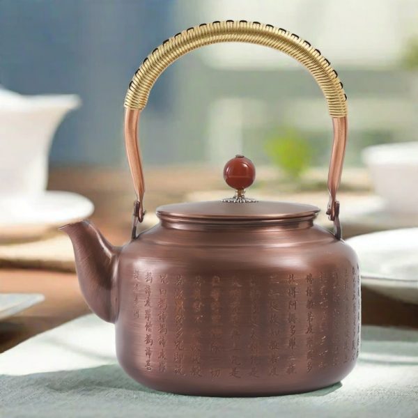 Vintage Hand Carved Buddhist Scriptures Theme Copper Teapot