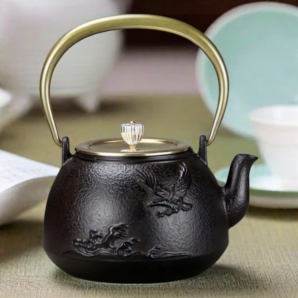 Vintage Sea Wave Roc Bird Handmade Old Japanese Tetsubin Cast Iron Teapot